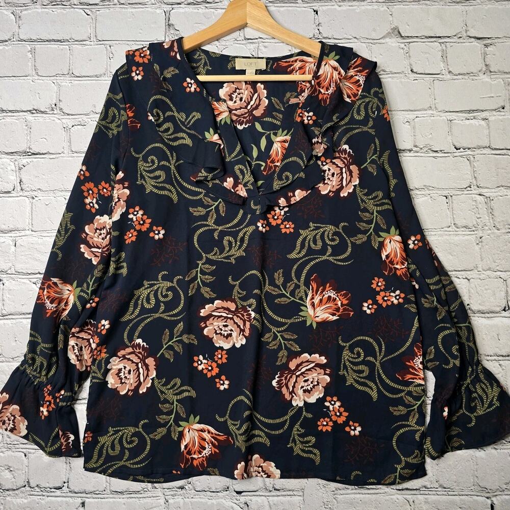 Loft Dark Ruffle Navy Blue Ruffle Accent Collar Sheer Blouse Size Medium